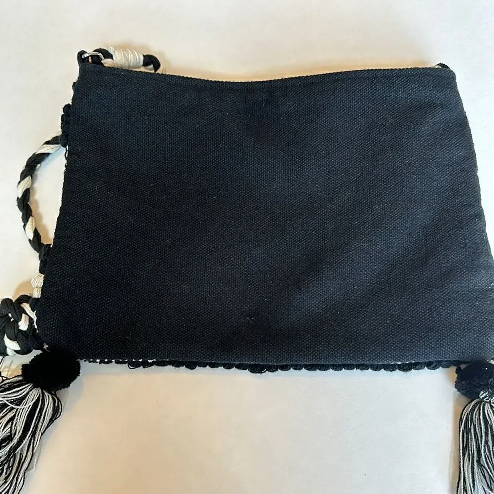 AMERICA & BEYOND Women's Woven Fringe Crossbody Bag Purse Black/White